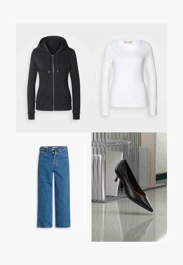 Zwarte ritssluiting hoodie gemaakt van zacht stof, met een trekkoord capuchon, voorzakken en ribgebreide mouwen voor een veilige pasvorm.; Witte katoenen T-shirt met lange mouwen, voorzien van een ronde halslijn en een getailleerd ontwerp, met een gladde textuur en zonder versieringen.; Blauwe denim jeans met rechte pijpen en hoge taille, vijf zakken en een knoopsluiting. Merkbare stiksels en koperen klinknagels.; Zwarte leren kittenheel-schoen met puntige neus zwevend boven een grijs gevlekte vloer, naast een metalen ordnerhouder met mappen.