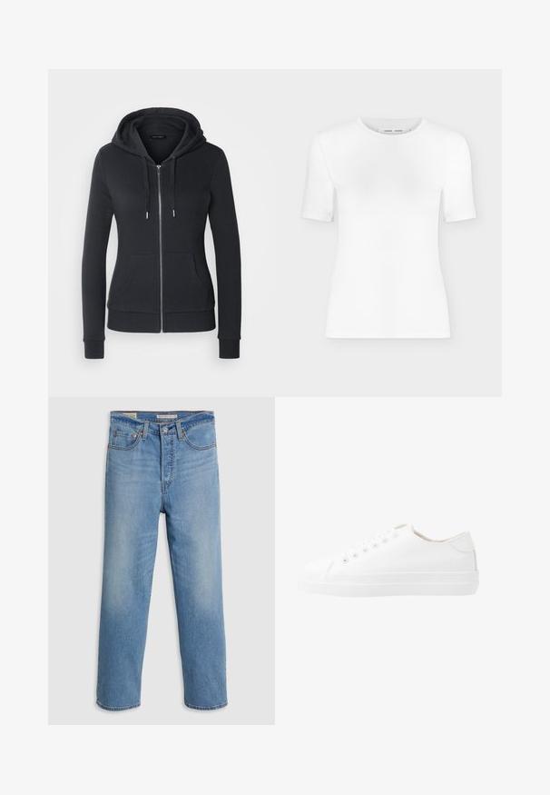 Zwarte ritssluiting hoodie gemaakt van zacht stof, met een trekkoord capuchon, voorzakken en ribgebreide mouwen voor een veilige pasvorm.; Wit T-shirt met korte mouwen en een ronde hals, een slanke pasvorm en geribbelde stof, weergegeven op een effen lichtgrijze achtergrond.; Lichtblauwe rechte denim jeans met voorzakken, riemlussen en een knoopsluiting op een effen achtergrond.; Witte canvas sneakers met een laag ontwerp, ronde neus, zes veteropeningen en een gestructureerde rubberen zool. Gladde materialen met minimale accenten.