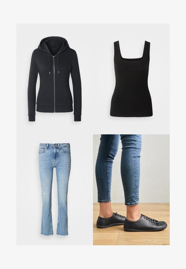 Sort zip-up hoodie lavet af blødt stof, med snoretræk i hætten, frontlommer og ribbede ærmer for en tætsiddende pasform.; Sort ærmeløs tanktop med firkantet halsudskæring, lavet af glat stof; tætsiddende design uden mønstre eller hardware-detaljer.; Lyseblå denimflare jeans med slidte detaljer, fem lommer, knaplukning og frynset kant ved anklerne.; Sorte lædersko med rund tå, lav profil og snørebåndsdesign. Kombineret med blå, tætsiddende jeans og en baggrund af trægulv.