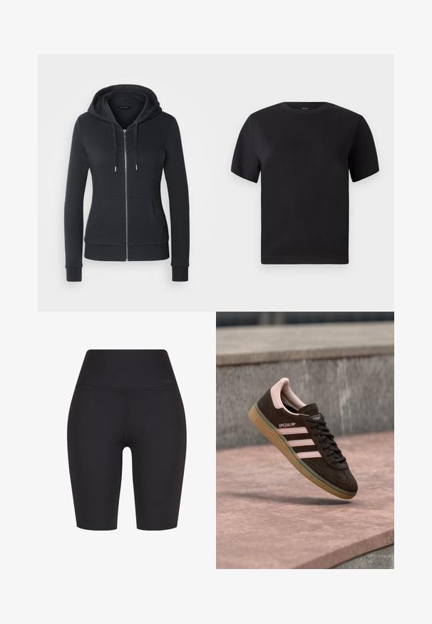 Sort zip-up hoodie lavet af blødt stof, med snoretræk i hætten, frontlommer og ribbede ærmer for en tætsiddende pasform.; Sort kortærmet t-shirt, rund halsudskæring, lavet af blød bomuld, glat tekstur, minimalistisk design uden mønstre eller detaljer.; Højtaljede sorte cykelsjorts lavet af strækbart stof, med et sømløst design og subtil branding nær taljen.; Mørkebrun ruskindsneaker med pink detaljer, der har tre pink striber, en tekstureret sål og en logo på siden. Klassisk lavprofil-design.