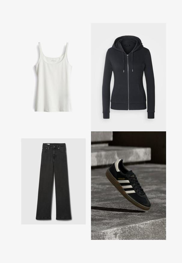 Zwarte ritssluiting hoodie gemaakt van zacht stof, met een trekkoord capuchon, voorzakken en ribgebreide mouwen voor een veilige pasvorm.; Witte, mouwloze tanktop met een ronde halslijn. Gemaakt van zachte, gladde stof. Heeft een simpele, rechte zoom zonder patronen of accenten.; Zwarte high-waisted straight-leg jeans met vijf zakken en koperen klinknagels, plat gelegd op een lichtgrijze achtergrond.; Zwarte Adidas sneaker met witte strepen en gumzool die boven grijze betonnen trappen zweeft in natuurlijk licht.