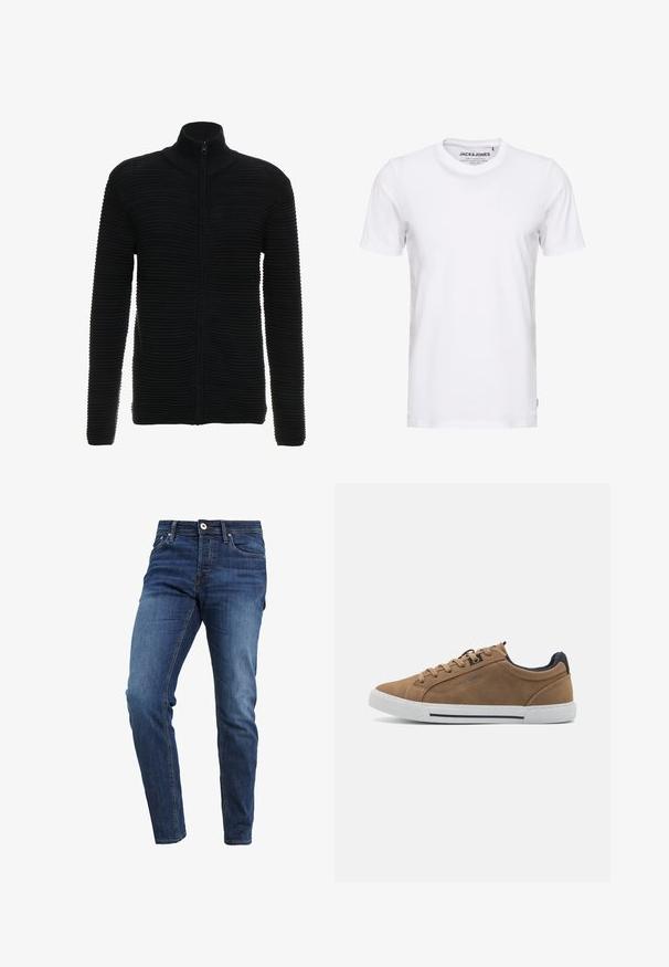 Sort zip-up trøje med tekstureret horisontal ribbing, høj krave og lange ærmer. Fremstillet af blødt, fleksibelt materiale.; Hvid t-shirt med korte ærmer lavet af bomuld, med en rund hals og et enkelt design. Brandtag synlig på halsområdet. Ingen mønstre eller accenter.; Mørkeblå denimjeans med slim fit. Funktioner inkluderer en standard talje, lynlås, fem lommer og kontrasterende syninger.; Brune ruskinds sneakers med beige snørebånd, hvid gummisål og en mørkeblå hælaccent. Har syede detaljer og et afslappet design.