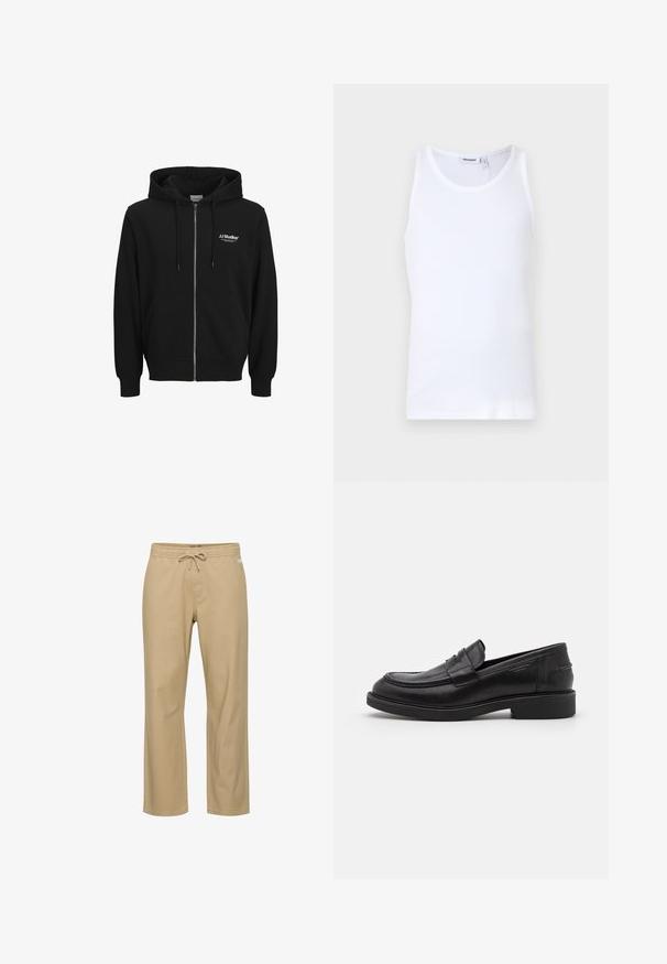 Sort zip-up hoodie lavet af blødt materiale, med en forlommes, justerbare snore og et lille hvidt logo på venstre bryst.; Hvid bomulds tanktop med rund hals og brede stropper. Glat tekstur, ingen mønstre, enkelt design og mærkeetiket på halsudskæringen.; Beige bomuldsbukser med afslappet pasform, elastik i taljen og snøre. Har sidelommer og lige ben. Ingen synlige mønstre.; Sorte læder loafers med en rund tå, tonale syninger og en stropdetalje foran. Gummisål med en lav hæl.