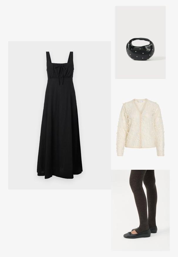 Cardigan à manches longues couleur crème avec une texture en dentelle florale, boutons en perle sur le devant, et bord-côte au col, aux poignets et à l'ourlet.; Robe maxi noire en tissu léger, avec un décolleté carré, un lien ajustable au niveau de la poitrine et une jupe fluide.; Jambes portant des leggings côtelés foncés associés à des ballerines noires avec de petits détails en nœud sur fond blanc.; Sac à main en cuir noir de forme arrondie, décoré de clous argentés et équipé d'une poignée courte. Texture lisse et fermeture éclair.