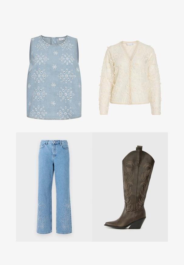 Cardigan à manches longues couleur crème avec une texture en dentelle florale, boutons en perle sur le devant, et bord-côte au col, aux poignets et à l'ourlet.; Haut sans manches bleu clair avec des motifs floraux brodés blancs répartis uniformément sur le tissu et un col rond.; Jean droit bleu clair avec poches avant et broderie florale blanche près du bas sur les deux jambes.; Botte de cowboy en cuir marron avec un embout pointu, un talon compensé et des broderies décoratives. Dispose d'un long tige et d'une languette de tirage.