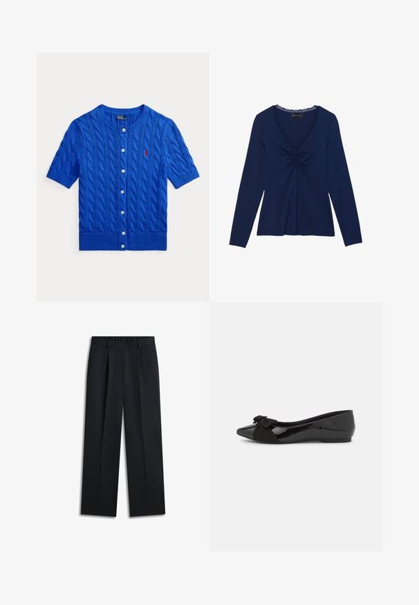 Kortærmet blå kabelstrikket cardigan med hvide knapper og rødt broderet logo på brystet, rund halsudskæring og ribstrikket kant og ærmegab.; Marineblå langærmet top med V-hals, der har blonderemse, samlede detaljer foran og en afslappet pasform. Glat, blød stoftekstur.; Sorte bukser med vide ben, plisseret foran, elastisk taljebånd, to sidelommer og et glat, let stof.; Sort balletflade med en blank patentfinish og en kontrasterende sort ruskinds sløjfe på tåen. Flad sål. Minimalistisk design.