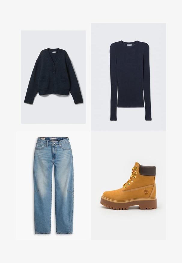 Donkerblauwe gebreide cardigan met een V-hals, sluiting met knopen aan de voorkant, geribbelde manchetten en twee voorzakken. Zachte textuur en een losse pasvorm.; Navy blauwe top met lange mouwen, gemaakt van een zachte, lichte stof. Heeft een ronde halslijn en een getailleerd design, zonder zichtbare knopen of patronen.; Lichtblauwe spijkerbroek van denim met een losse pasvorm, rechte pijpen, een knoopsluiting en vijf zakken, voorzien van subtiele vervaging en stikseldetails.; Tan waterdichte enkelboot met een stevige rubberen zool, ronde neus, bruine leren kraag, gele veters en een logo aan de zijkant.