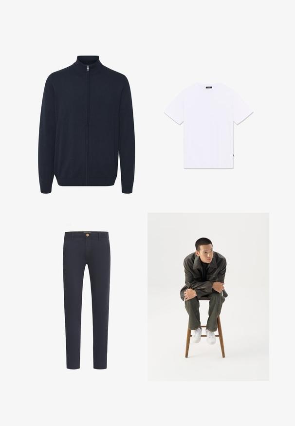 Tumesinine tõmblukuga cardigan, mis on valmistatud kudumiskangast. Omab kõrget kraed, pikki varrukaid ning soonikkoes mansette ja äärt. Sile tekstuur, minimalistlik disain.; Valge lühikeste varrukatega ümara kaelusega T-särk, mis on näidatud tagant lahti laotatult, väikese musta sildi jaotustükil kaelusel ja küljesõmmel.; Tumed sinised püksid siledast kangast, tavalise lõikega, viie tasku ja esise nupuga kinnitusega.; Noor mees tumedas nahktakšis ja teksades istub puidust pingil, kaldub ette, käed rüpes, vaatab valgel taustal küljele.