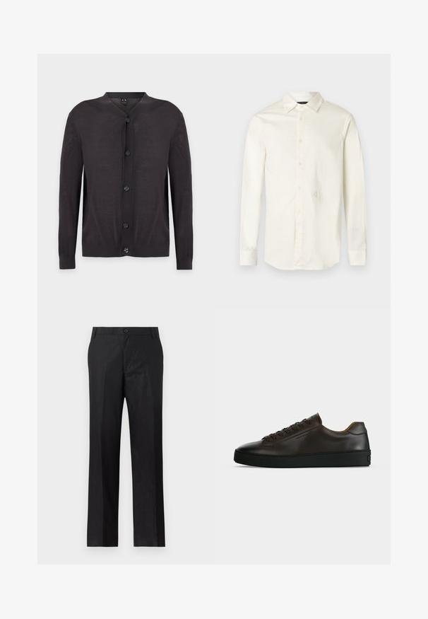 Cardigan noir à manches longues avec cinq boutons sur le devant et un col rond sur un fond uni.; Chemise blanche à manches longues en coton. Elle présente un col pointu, une patte de boutonnage à l'avant et un logo subtil brodé sur la poitrine.; Pantalon noir à coupe droite avec ceinture, passants de ceinture, bouton et fermeture éclair à l’avant, présenté sur fond blanc.; Baskets basses en cuir marron foncé avec semelle en caoutchouc noire, lacets à l'avant et design minimaliste épuré sur fond clair.
