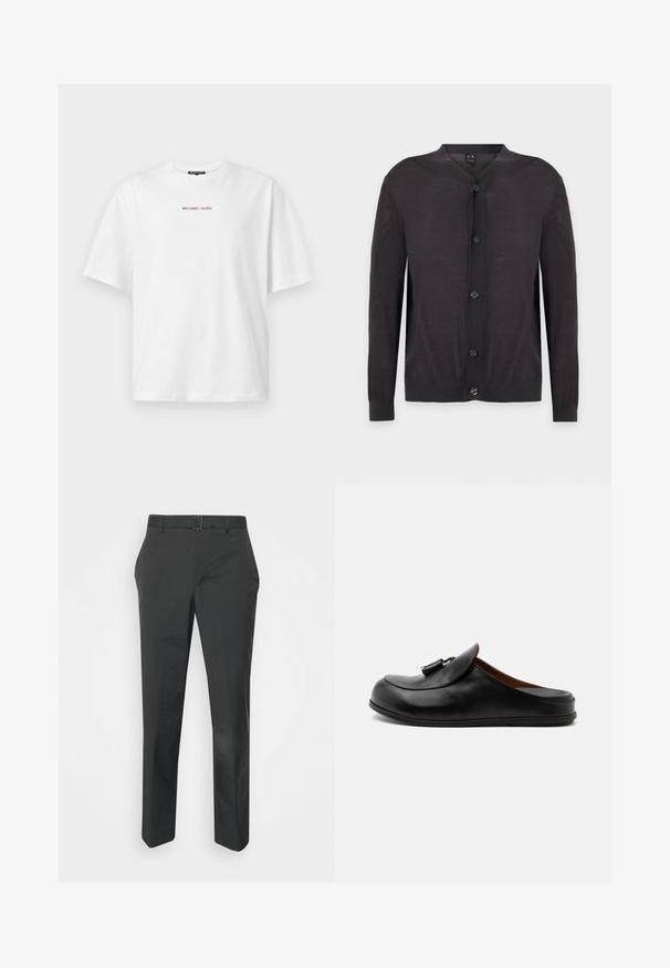 Zwarte cardigan met lange mouwen, vijf knopen aan de voorkant en een ronde halslijn op een effen achtergrond.; Wit T-shirt met korte mouwen en ronde hals, met kleine rode "MICHAEL KORS" tekst gecentreerd op de borst.; Neil Barrett PLEAT TROUSERS - Broek - black; Zwarte leren backless loafer met kwastjes aan de bovenkant, zijaanzicht op een lichte effen achtergrond.