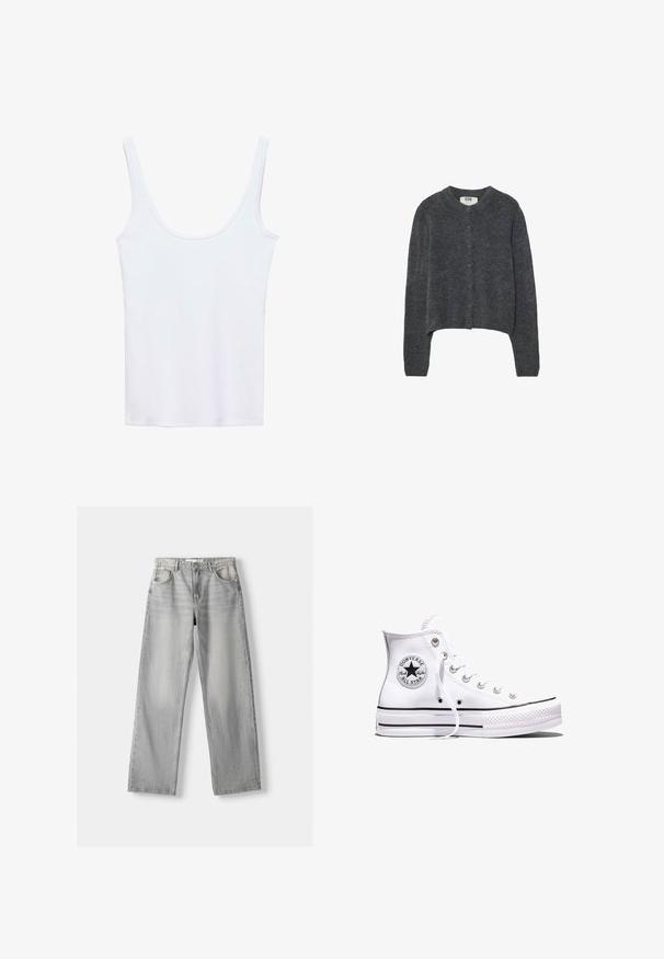 Gilet gris foncé en tissu tricoté texturé, avec un col rond, des manches longues et six boutons sur le devant.; Débardeur blanc à encolure dégagée, fabriqué en tissu doux, présentant des bretelles fines et une coupe ajustée et slim. Aucun motif ou accent visible.; Jean en denim gris clair avec une coupe droite, dotée de deux poches avant, d'un bouton de fermeture et d'un léger délavage pour la texture.; Baskets blanches montantes Converse Chuck Taylor All Star avec des rayures noires et un patch logo sur le côté, présentées sur un fond blanc uni.