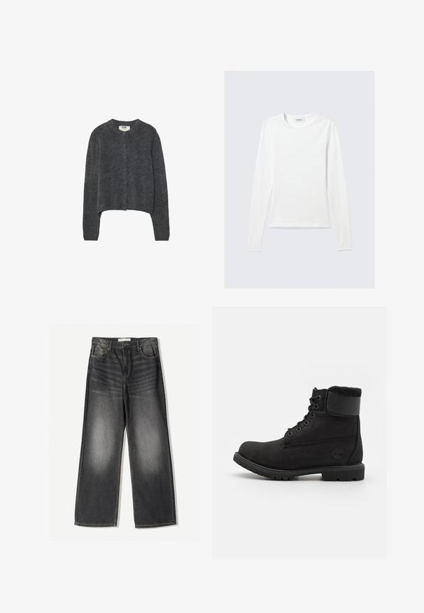 Gilet gris foncé en tissu tricoté texturé, avec un col rond, des manches longues et six boutons sur le devant.; T-shirt blanc uni à manches longues avec col rond et coupe slim, présenté sur un fond gris clair.; Jean large gris foncé en denim, comprenant cinq poches, une fermeture éclair à l'avant et des coutures contrastantes le long des coutures.; Bottine en cuir noir avec un bout rond, lacets à l'avant, col en fausse fourrure et semelle en caoutchouc. Présente un logo de marque sur le côté.