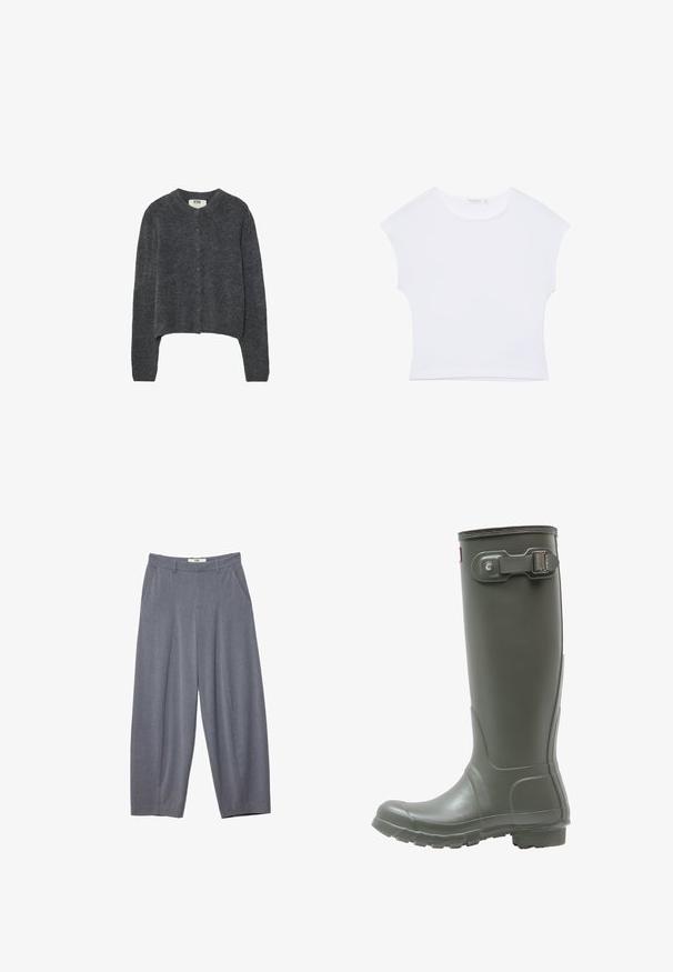 Gilet gris foncé en tissu tricoté texturé, avec un col rond, des manches longues et six boutons sur le devant.; T-shirt court blanc à manches courtes avec col rond, en tissu lisse, posé à plat sur un fond blanc.; Stradivarius SMART BAGGY WITH SEAM DETAIL - Pantalon classique - grey; Bottes de pluie hautes en caoutchouc vert avec une semelle texturée, un bout rond, une boucle ajustable sur le côté et une finition lisse.