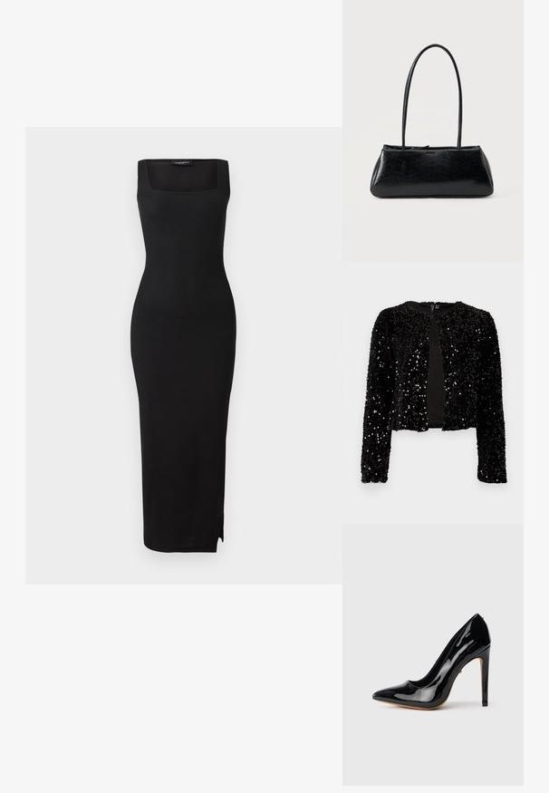 Sort glitrende jakke med en cropped design, lange ærmer og en rund halsudskæring. Har et glat indre foer og en åben front.; Sort ribbet strikket midi-kjole med firkantet udskæring, tætsiddende silhuet og slids i siden. Materialet har en glat tekstur. Simpelt design.; Sort laklæder højhælet pumptoe med spids snude, slank silhuet og en tynd stilethæl på 4 tommer. Glat, blank overflade.; Sort rektangulær skuldertaske med lange tynde stropper og en glat, blank tekstur på en ensfarvet baggrund.