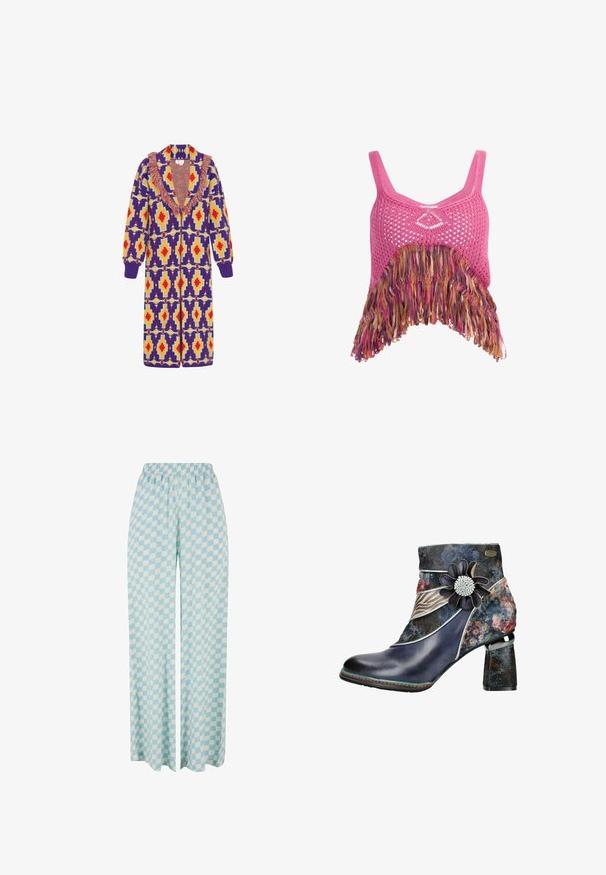 Strikket cardigan med livlige geometriske mønstre i lilla, gul og rød. Har frynser langs kraven og lange ærmer.; Lyserød strikket crop top med diamantmønster og en frynse af flerfarvet, lagdelt stof i kanten. Justerbare stropper.; Lysblå vide bukser med ternet mønster i skiftende nuancer og elastisk talje for komfort.; Ankelstøvle med en blank, mørkeblå lædertå og en blomsterpræget tekstiloverdel, der har en dekorativ blomst og en struktureret blokhæl.