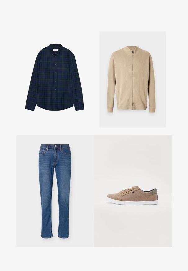 Beige lynlås-sweater med høj krave, ribbet tekstur og lange ærmer. Rene linjer og subtile syningsdetaljer forbedrer designet.; Marineblå og grønternet knap-ned skjorte med afrundet søm, lange ærmer og krave. Har tolv knaplukninger. Blød stofstruktur.; Blå jeans med lige ben, foran lukning med knap og lynlås, fem lommer og subtil falmning på lårene.; Beige lærreds sneakers med lavt design, hvid gummisål og runde snørebånd. Har et kontrasterende gråt hælrelief og logo detalje.