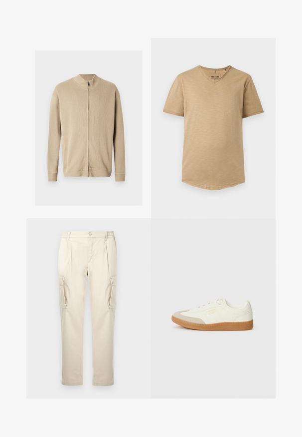 Pull beige zippé avec un col montant, une texture côtelée et des manches longues. Des lignes épurées et des détails de coutures subtiles rehaussent son design.; T-shirt beige homme à manches courtes et col en V, coupe slim et texture subtile, présenté à plat sur fond blanc.; Pantalon cargo beige en tissu doux et léger. Dispose d'une coupe décontractée, d'une taille élastique et de deux poches latérales avec rabats.; Baskets en cuir blanc avec une coque beige et une semelle en caoutchouc marron clair. Dotées de lacets blancs plats et d'un logo embossé sur le côté.