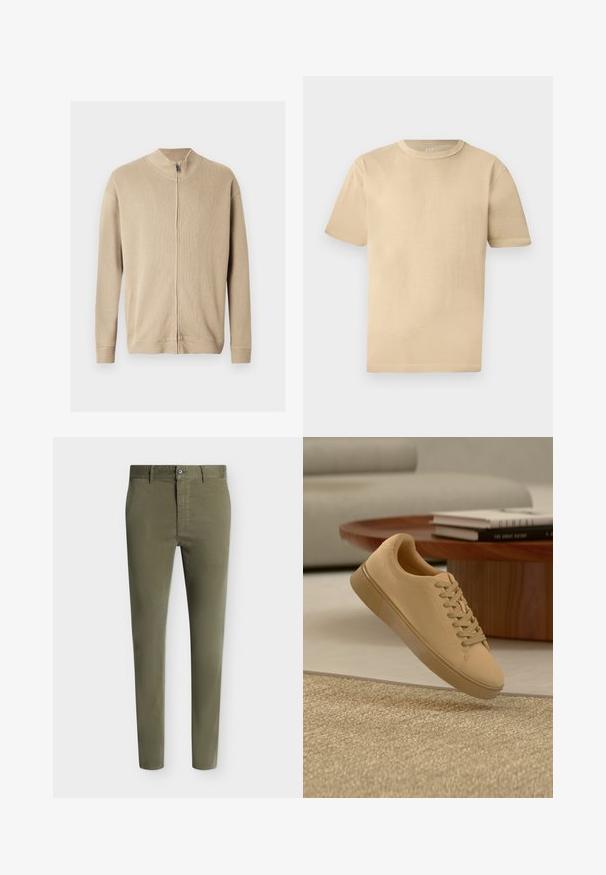 Pull beige zippé avec un col montant, une texture côtelée et des manches longues. Des lignes épurées et des détails de coutures subtiles rehaussent son design.; T-shirt beige en coton à manches courtes et col rond avec une coupe décontractée et des détails de couture subtils sur un fond clair.; Pantalon slim vert olive avec fermeture bouton et zip, passants pour ceinture et jambes fuselées sur fond clair.; Baskets beiges à lacets flottant au-dessus d'un tapis texturé avec une table basse en bois et des livres empilés en arrière-plan flou.