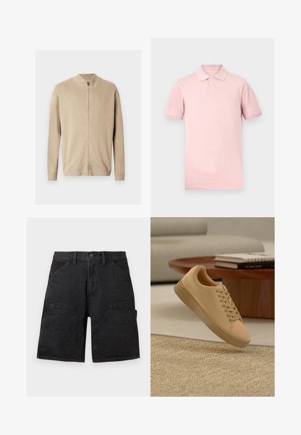 Pull beige zippé avec un col montant, une texture côtelée et des manches longues. Des lignes épurées et des détails de coutures subtiles rehaussent son design.; Polo à manches courtes rose pâle avec col côtelé et deux boutons, design uni, présenté sur un fond blanc.; Short en jean noir longueur genou avec poches devant et sur les côtés, fermeture par boutons, et passants pour ceinture.; Baskets beiges à lacets flottant au-dessus d'un tapis texturé avec une table basse en bois et des livres empilés en arrière-plan flou.