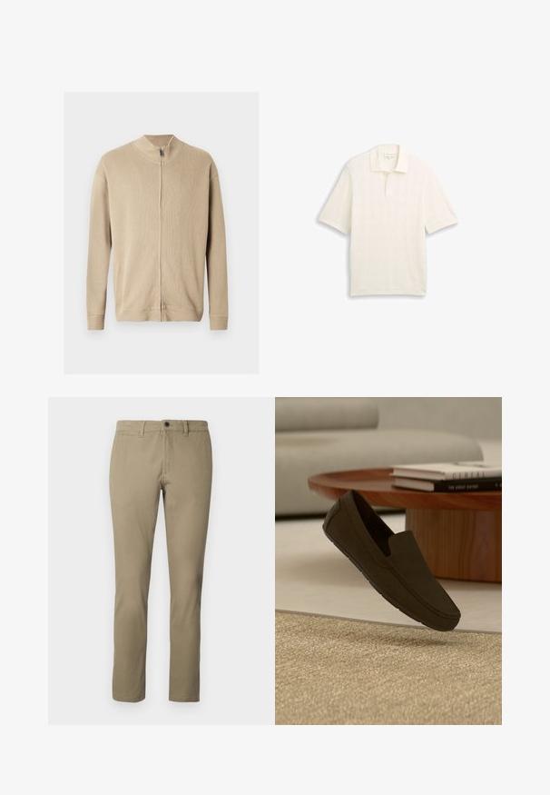 Pull beige zippé avec un col montant, une texture côtelée et des manches longues. Des lignes épurées et des détails de coutures subtiles rehaussent son design.; Polo blanc à manches courtes avec motif texturé en losanges et col à patte à deux boutons.; Chinos kaki en mélange de coton, avec une coupe droite, une taille standard avec fermeture à bouton et des poches latérales.; Mocassin marron foncé à enfiler flottant au-dessus d'un tapis beige texturé, avec une table basse ronde en bois et des livres flous en arrière-plan.