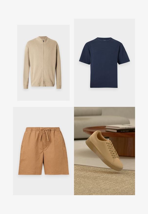 Pull beige zippé avec un col montant, une texture côtelée et des manches longues. Des lignes épurées et des détails de coutures subtiles rehaussent son design.; T-shirt bleu foncé à manches courtes avec col rond, coupe régulière, présenté sur un fond gris clair uni.; Shorts décontractés marron avec taille élastique et cordon de serrage à l'avant, dotés de poches latérales et de détails cousus.; Baskets beiges à lacets flottant au-dessus d'un tapis texturé avec une table basse en bois et des livres empilés en arrière-plan flou.
