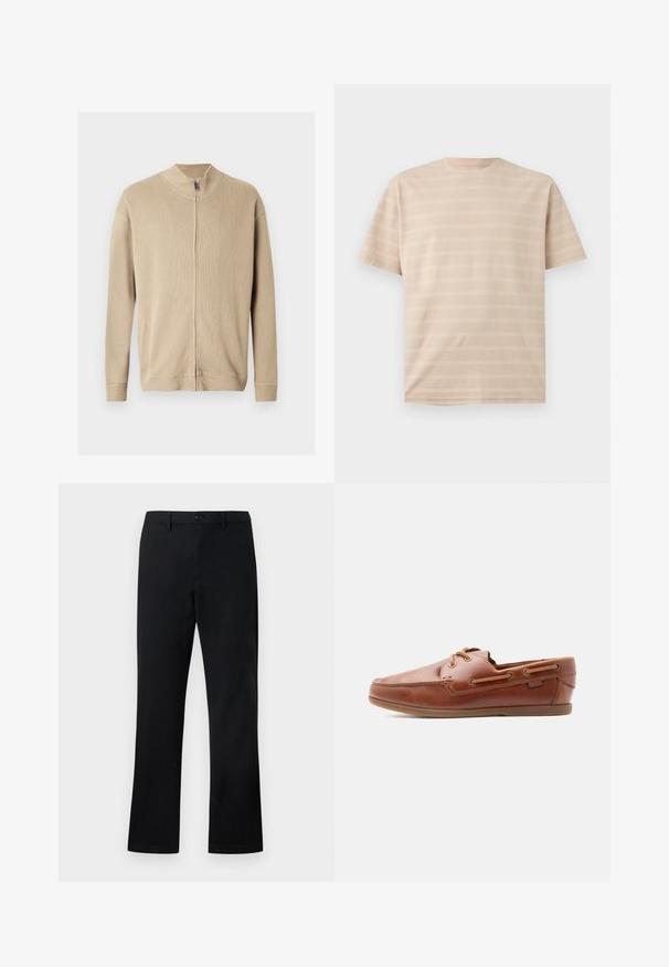 Pull beige zippé avec un col montant, une texture côtelée et des manches longues. Des lignes épurées et des détails de coutures subtiles rehaussent son design.; T-shirt beige à manches courtes et col rond avec de subtiles rayures horizontales texturées sur un fond uni.; Pantalons noirs à jambes droites avec fermeture à bouton et à glissière, passants pour ceinture et poches latérales, présentés sur un fond blanc.; Chaussure bateau en cuir marron avec laçage à l'avant, surpiqûres décoratives sur les côtés et semelle plate basse sur fond blanc uni.
