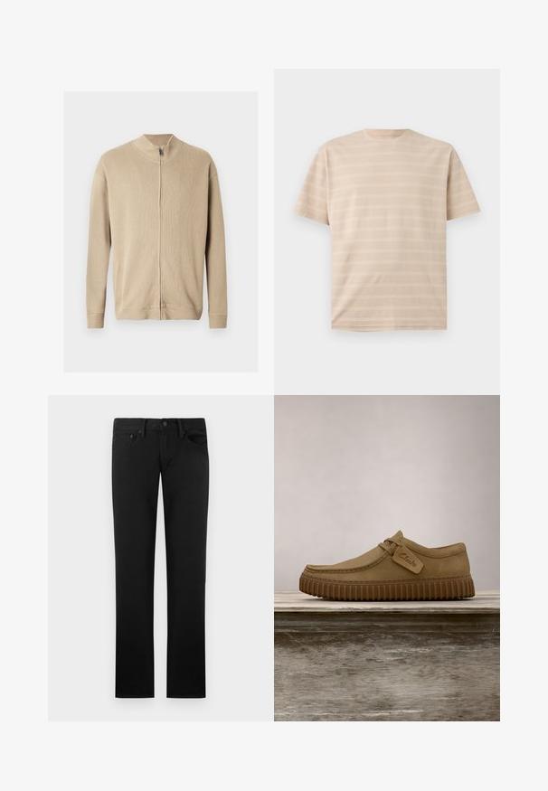 Beige lynlås-sweater med høj krave, ribbet tekstur og lange ærmer. Rene linjer og subtile syningsdetaljer forbedrer designet.; Beige kortærmet T-shirt med rund hals og subtile horisontale teksturerede striber på en ensfarvet baggrund.; Sorte jeans med lige ben, fem lommer, bæltestropper og knaplukning i taljen, vist mod en ensfarvet baggrund.; Lysebrune ruskindsko med rund tå, syet detaljer og en ribbet brun gummisål. Har et sidemærke med "Clarks" logo.