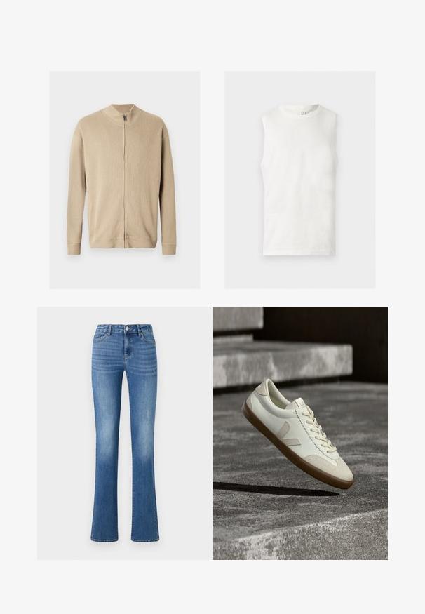 Beiger Reißverschluss-Pullover mit hohem Kragen, gerippter Struktur und langen Ärmeln. Klare Linien und dezente Nahtdetails verleihen dem Design eine ansprechende Note.; Weißes ärmelloses Tanktop mit rundem Ausschnitt und kleinem GAP-Logo an der Innenseite des hinteren Kragens, flach auf hellem Hintergrund liegend.; ONLY ONLWAUW MID WAIST - Jeans Slim Fit - medium blue denim; Weiße Leder-Sneaker mit beige-gummiartiger Sohle, flachen Schnürsenkeln und V-förmigem Akzent an der Seite. Verfügt über eine glatte Oberfläche und minimale Nahtdetails.