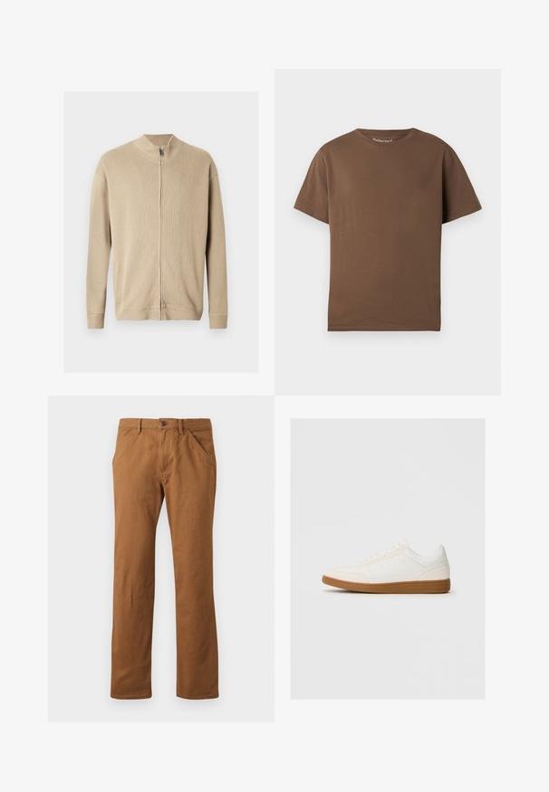 Pull beige zippé avec un col montant, une texture côtelée et des manches longues. Des lignes épurées et des détails de coutures subtiles rehaussent son design.; T-shirt en coton marron à coupe décontractée, manches courtes et encolure ronde. Design simple, sans motifs ni accents.; Pantalons en coton marron à coupe droite, avec une fermeture à bouton, des poches latérales et une texture lisse. Convient pour une tenue décontractée.; Baskets blanches avec un capuchon en daim, un dessus en synthétique lisse et une semelle en caoutchouc marron. Présente des perforations sur les côtés pour une meilleure respirabilité.