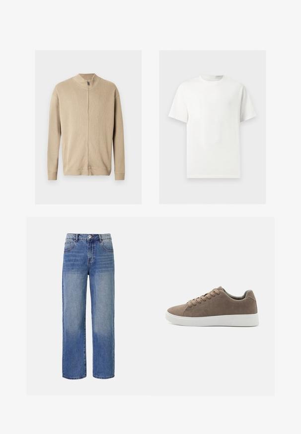 Beige lynlås-sweater med høj krave, ribbet tekstur og lange ærmer. Rene linjer og subtile syningsdetaljer forbedrer designet.; Enkelt hvid T-shirt med korte ærmer og rund hals vist på en lysegrå baggrund.; Lys blå denim bred benjeans med et falme mønster, fem lommer og lynlås i gylpen. Har en knap og bæltestropper i taljen.; Brune ruskinds sneakers med flade hvide gummisåler, snørelukning, rund tå og en glat overflade. Minimalistisk stil med diskrete syninger.