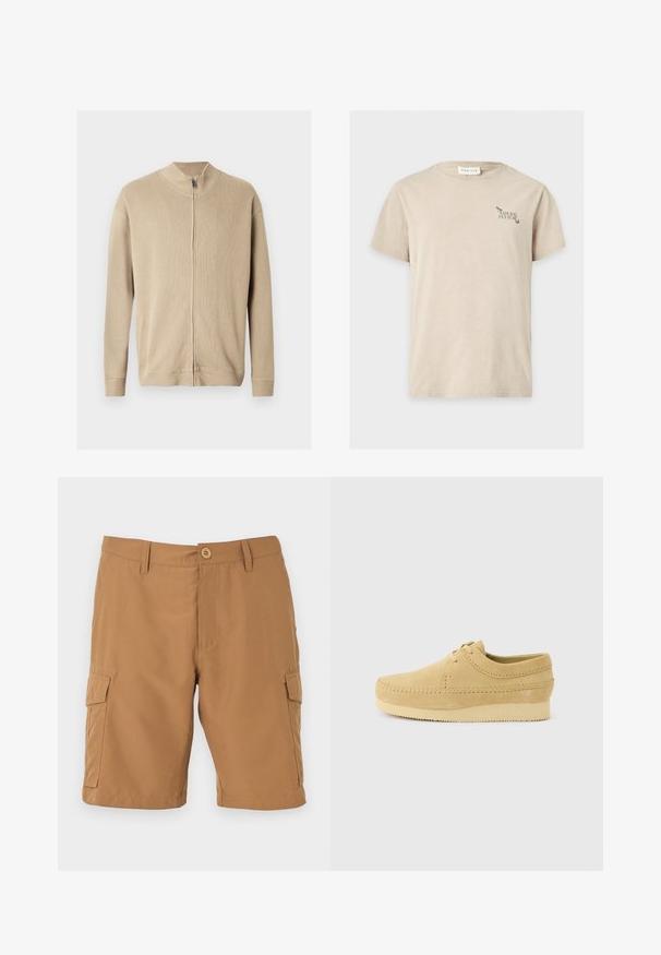 Pull beige zippé avec un col montant, une texture côtelée et des manches longues. Des lignes épurées et des détails de coutures subtiles rehaussent son design.; T-shirt beige à manches courtes avec petit texte noir "Natural Culture" et dessins d'insectes sur le haut gauche de la poitrine, étiquette "Pier One" à l'intérieur du col.; Short cargo beige pour homme avec fermeture à boutons, passants de ceinture et deux poches latérales à rabat, présenté sur fond blanc.; Chaussure décontractée en daim beige avec surpiqûres mocassin, design à lacets et semelle épaisse en caoutchouc, vue de profil sur un fond clair.