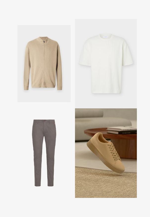 Beige lynlås-sweater med høj krave, ribbet tekstur og lange ærmer. Rene linjer og subtile syningsdetaljer forbedrer designet.; Hvid tekstureret T-shirt med korte ærmer og rund hals med en almindelig pasform og et lille mærke indeni kraven.; Grå bomulds chinos med lige pasform, der har knaplukning, standardlommer og minimalistisk design. Glat tekstur og ingen mønstre.; Beige snørestøvler, der svæver over et tekstureret tæppe med et træ sofabord og stablede bøger i en sløret baggrund.