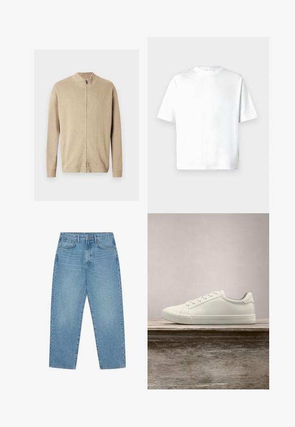 Beige sweater met ritssluiting, een hoge kraag, een geribbelde structuur en lange mouwen. Strakke lijnen en subtiele stiksel details verbeteren het ontwerp.; Wit T-shirt met korte mouwen gemaakt van zacht katoen, voorzien van een ronde hals en een losse pasvorm zonder patronen of afbeeldingen. Soepele textuur.; Lichtblauwe denim jeans met een rechte pijp, vijfzakkenontwerp en een licht verweerde look. Voorzien van een knoop- en ritssluiting.; Witte vetersneaker die boven een houten bank zweeft met groene bladeren op de achtergrond, waarbij het ontwerp en de textuur van de schoen worden getoond.