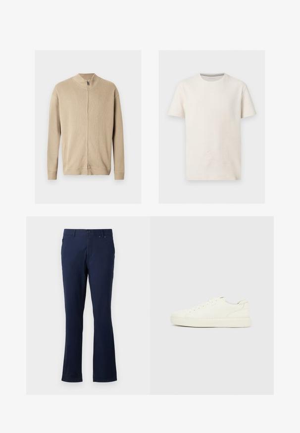 Suéter beige con cremallera, cuello alto, textura acanalada y mangas largas. Líneas limpias y detalles de costura sutiles realzan su diseño.; Camiseta de algodón texturizado color blanco hueso de manga corta con cuello redondo y logo discreto en el pecho izquierdo, mostrada sobre fondo gris.; Pantalones azul marino confeccionados con tejido ligero, con un diseño de pierna recta, bolsillos frontales y cierre de botón en la cintura.; Zapatilla blanca de corte bajo con cordones en la parte delantera, empeine de cuero liso y suela gruesa de goma, vista desde el lado exterior sobre un fondo liso.