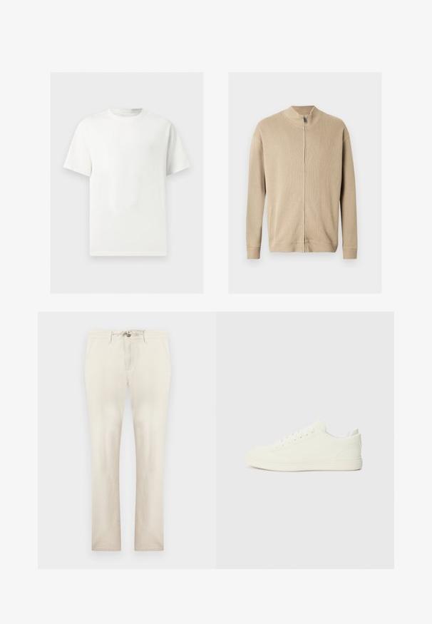 Pull beige zippé avec un col montant, une texture côtelée et des manches longues. Des lignes épurées et des détails de coutures subtiles rehaussent son design.; T-shirt blanc uni à manches courtes et col rond présenté sur un fond gris clair.; Pantalon beige décontracté avec poches avant, fermeture éclair et taille à cordon, coupe droite, présenté sur un fond uni.; Baskets blanches avec une tige à texture lisse, bout arrondi et laçage traditionnel, arborant un design minimaliste et une semelle en caoutchouc.