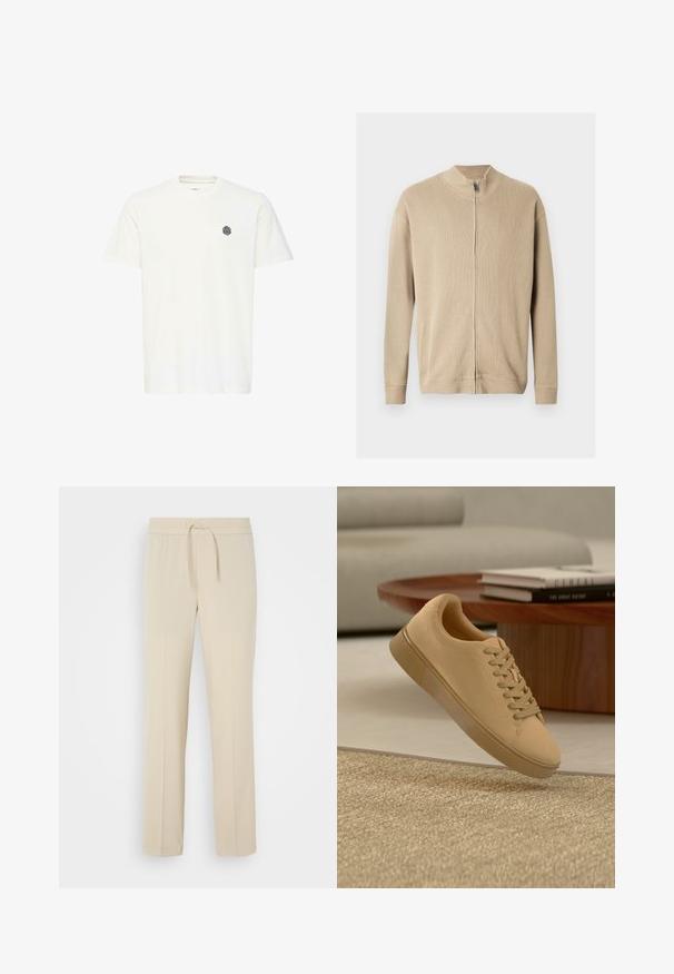 Beige sweater met ritssluiting, een hoge kraag, een geribbelde structuur en lange mouwen. Strakke lijnen en subtiele stiksel details verbeteren het ontwerp.; Witte T-shirt met korte mouwen van katoen, met een klein zwart geometrisch logo op de linkerborst. Rechte snit en ronde hals.; Beige, elastische broek met een trekkoord in de taille. Heeft rechte pijpen en een zachte textuur, geschikt voor casual wear of loungen.; Beige vetersneaker die boven een gestructureerd tapijt zweeft, met een houten salontafel en gestapelde boeken op een wazige achtergrond.