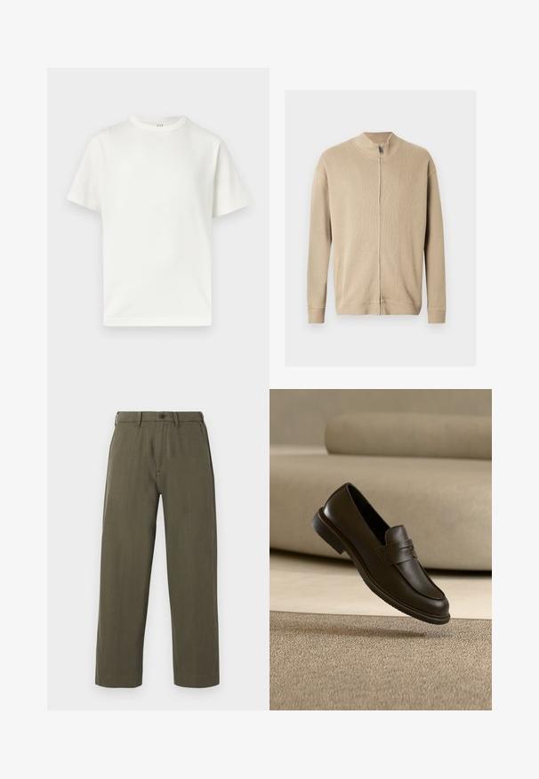 Pull beige zippé avec un col montant, une texture côtelée et des manches longues. Des lignes épurées et des détails de coutures subtiles rehaussent son design.; T-shirt blanc uni à manches courtes et col rond, présenté à plat sur un fond blanc avec une étiquette GAP visible à l'intérieur du col.; Pantalon droit vert olive avec passants de ceinture, fermeture avant à boutons et poches latérales, présenté sur un fond blanc.; Un seul mocassin en cuir brun foncé flottant au-dessus d’un tapis texturé beige, avec un canapé beige flou en arrière-plan.