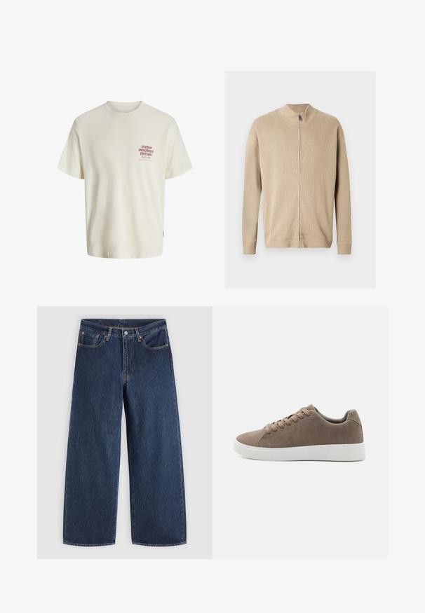 Beige lynlås-sweater med høj krave, ribbet tekstur og lange ærmer. Rene linjer og subtile syningsdetaljer forbedrer designet.; Hvid kortermet T-shirt med rød tekst "Studio Originals Edition" på venstre bryst, vist på en neutral grå baggrund.; Mørkeblå vidde jeans med forlommer, knaplukning og bæltestropper, lagt fladt på en lys baggrund.; Brune ruskinds sneakers med flade hvide gummisåler, snørelukning, rund tå og en glat overflade. Minimalistisk stil med diskrete syninger.