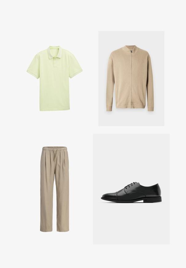 Suéter beige con cremallera, cuello alto, textura acanalada y mangas largas. Líneas limpias y detalles de costura sutiles realzan su diseño.; Polo de color verde claro, de manga corta, fabricado en tejido suave, con tres botones en la parte frontal, detalles de rayas blancas en el cuello y los bordes de las mangas. Logotipo sencillo en la parte delantera.; Pantalones beige de corte holgado con cintura elástica y cordón, piernas rectas y bolsillos laterales.; Zapato de vestir de cuero negro con punta redondeada, diseño con cordones, detalles de costura sutiles y un tacón bajo. Textura suave con acabado pulido.