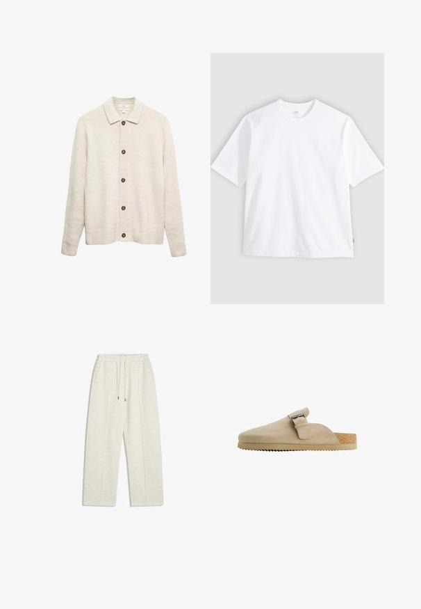 Lysebeige strikket cardigan med krave, knaplukning foran, ribstrikkede ærmegab og kant. Tekstureret stof med mørkegrå knapper.; Hvid t-shirt med korte ærmer lavet af bomuld, med rund hals og lige snit. Mærke synligt på den nederste side af kanten.; Lys beige, vide sweatpants lavet af blødt materiale. Har en elastisk talje med snor og sidelommer for funktionalitet.; Beige ruskindssko med en buet form, justerbar metalspænde og struktureret korksål. Ydersålen har en sål med takker for bedre greb.