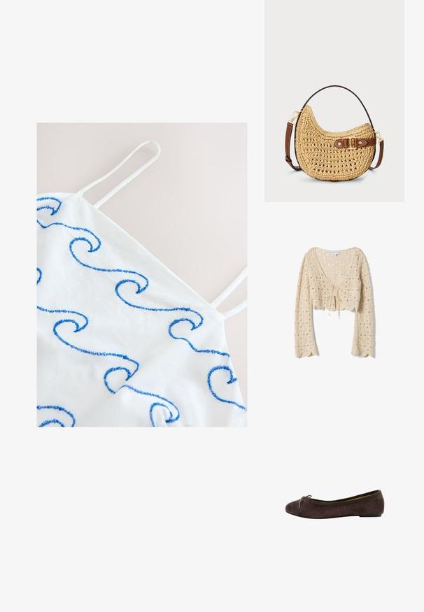 Cárdigan corto de punto crochet beige con mangas largas, bordes en forma de ondas y cierre de lazo en la parte delantera.; Top blanco sin mangas con tirantes finos y patrones de olas azules bordadas sobre un fondo beige claro.; Bailarina de ante marrón con puntera redondeada, detalle de lazo de satén y ribete elástico. Suela de goma delgada con altura mínima. Textura suave.; Bolso hobo de paja trenzada con forma curva, correa de cuero marrón con hebilla y color natural tostado. Superficie texturizada con costuras visibles.