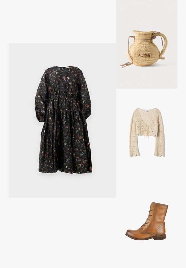 Cárdigan corto de punto crochet beige con mangas largas, bordes en forma de ondas y cierre de lazo en la parte delantera.; Vestido negro con estampado floral, mangas largas, cintura fruncida y falda de volantes. Presenta un patrón floral colorido y una textura de tela suave.; Botas de cuero marrón hasta el tobillo con una textura suave, punta redondeada, seis ojales para cordones y un sutil logo grabado en el talón.; Bolso redondo de paja tejido con asa de cuerda y "ALEMAIS" bordado en un lateral con hilo marrón.