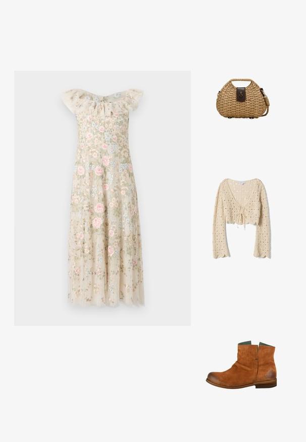 Cárdigan corto de punto crochet beige con mangas largas, bordes en forma de ondas y cierre de lazo en la parte delantera.; Vestido bordado con escote off-shoulder y volantes. Tejido beige adornado con patrones florales en rosa y azul, con una falda fluidas.; Botín de ante marrón con punta redondeada, caña corta y un acabado ligeramente desgastado. Presenta un interior verde y una suela de madera.; Bolso de paja trenzada con forma redondeada, asa integrada corta, cierre de cuero oscuro y correa de hombro trenzada desmontable.