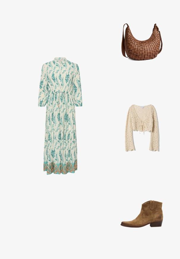 Beige gehäkelte, kurz geschnittene Strickjacke mit langen Ärmeln, gezackten Kanten und vorderer Bändchenbindung.; Langes, leichtes Kleid mit floralem Muster in Türkis und Weiß. Es hat einen hohen Ausschnitt, lange Ärmel und einen dekorativen goldenen Saum.; Braune Wildleder-Ankle-Boots mit spitzem Zeh, gestickten Details und einem kurzen Blockabsatz. Seitliches Elastic für ein einfaches Anziehen.; Braune Leder-Schultertasche mit geflochtenem Muster, geschwungener Form und verstellbarem Riemen vor weißem Hintergrund.