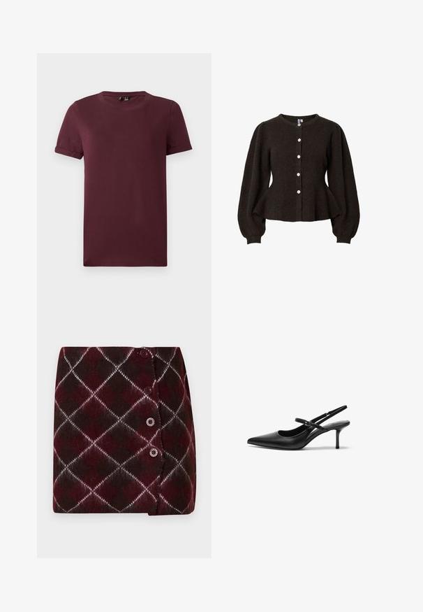 Donkerbruine geribbelde gebreide cardigan met lange opgezette mouwen, ronde halslijn, peplum taille en witte knoopsluiting aan de voorkant.; Bordeaux T-shirt van zachte katoen, met een ronde hals, korte mouwen en een relaxte pasvorm, met een gladde textuur en zonder zichtbare patronen.; Gebreide rok in bordeauxrood en donkerbruin met een ruitpatroon, voorzien van witte accenten en drie knopen aan de zijkant voor sluiting.; Zwarte leren slingback hakken met een puntige neus, slanke verstelbare band en een ongeveer 5 cm hoge stiletto hak, met een gladde textuur.