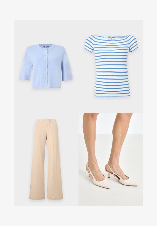 Cardigan bleu clair à manches courtes avec col rond et fermeture à boutons sur un fond uni.; Haut blanc à manches courtes avec des rayures bleues horizontales et un large décolleté.; Pantalon beige à jambes larges avec une taille élastique et des détails de couture à l'avant, présenté sur fond blanc.; Escarpins à talon slingback en cuir verni beige avec un bout pointu et un talon de 5 cm, présentant des côtés découpés et une fine bride à la cheville.