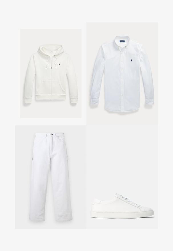 Biela mikina na zips s kapucňou, s prednými vreckami a malým čiernym logom Polo Ralph Lauren na ľavej strane hrudníka.; Biela košeľa s dlhým rukávom, gombíkmi a golierom, vyšívané logo Polo Ralph Lauren na ľavej strane hrude.; Biele nohavice s vysokým pásom a rovnými nohavicami, s pútkami na opasok, prednými vreckami, zapínaním na gombíky a bočným úžitkovým vreckom na jednofarebnom pozadí.; Biele kožené tenisky s hladkým povrchom, zaobleným tvarom, plochou gumenou podrážkou a bielymi šnúrkami. Majú minimalistický dizajn a nenápadné branding.