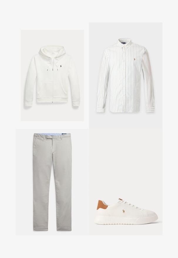 Sudadera blanca con capucha y cremallera, con bolsillos delanteros y pequeño logo negro de Polo Ralph Lauren en el pecho izquierdo.; Camisa blanca de manga larga con botones, con rayas verticales azul claro y un pequeño logo bordado en el pecho izquierdo.; Pantalones chinos gris claro hechos de tejido de algodón suave, con un diseño clásico, piernas rectas, bolsillos laterales y un acabado limpio en los dobladillos.; Zapatilla blanca de caña baja con lengüeta trasera en color marrón claro, cordones blancos y un pequeño logo bordado de jugador de polo en el lateral sobre una suela gruesa.