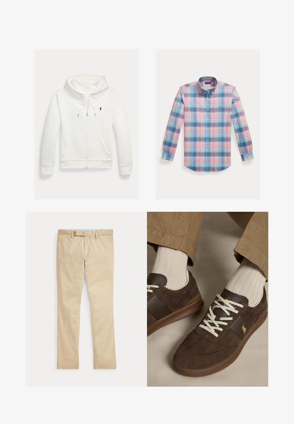 Hvid zip-up hættetrøje med forlommer og lille sort Polo Ralph Lauren logo på venstre bryst.; Bomuldsbutton-down skjorte med et flerfarvet ternet mønster i nuancer af pink, blå og grøn. Inkluderer en spredningskrave og lange ærmer.; Beige bukser med lige ben, bæltestropper og frontlynlås, lagt fladt mod en hvid baggrund.; Brune ruskindssneakers med hvide snørebånd båret med beige ribstrikkede sokker og lysebrune bukser.