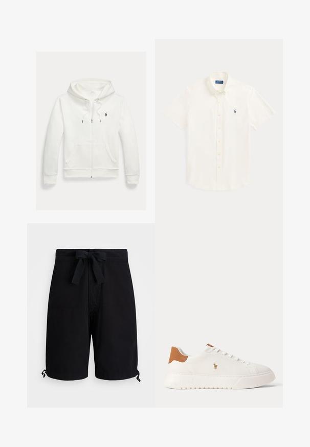 Weißes Kapuzen-Sweatshirt mit Reißverschluss, Fronttaschen und kleinem schwarzem Polo Ralph Lauren Logo auf der linken Brust.; Weißes kurzärmeliges Hemd mit Kragen und kleinem dunkelblauem Polo Ralph Lauren Logo auf der linken Brust.; Schwarze Badehose aus leichtem Stoff, mit einem Kordelzug an der Taille und verstellbaren Toggle-Details an den Säumen.; Weißer Sneaker mit niedrigem Schaft, beige Fersenlasche, weißen Schnürsenkeln und kleinem, besticktem Polospieler-Logo an der Seite über einer dicken Sohle.